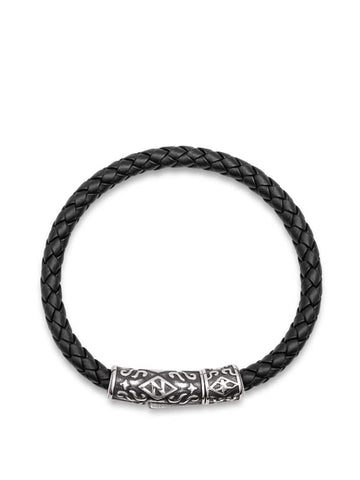 Nialaya Men's Leather Bracelet Men's Black Leather Bracelet with Silver Tube Lock